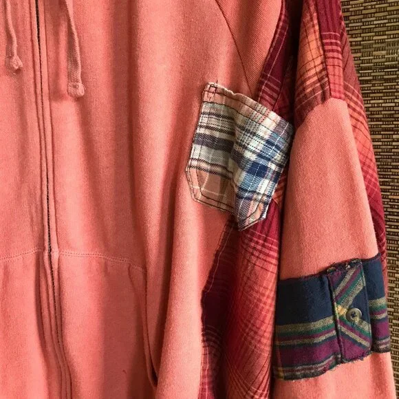 Coral Patchwork Upcycled Hoodie, Size M-L: Boho Cottagecore Zip-Up Jacket - Picture 7 of 15